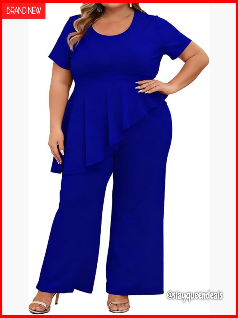 Plus Size 2 Piece Outfits Suit Set Short Sleeve Peplum Top Straight Pants
